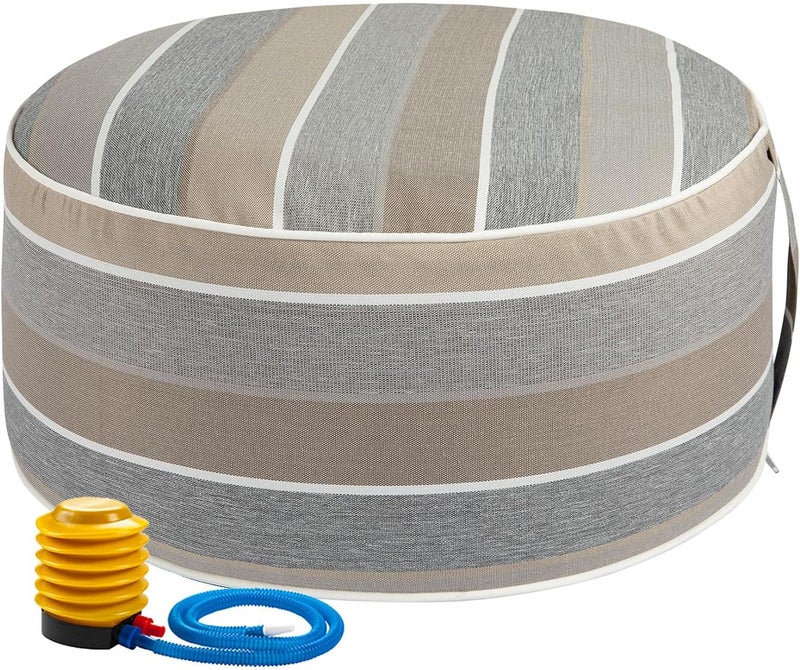 FUNHOME Inflatable Outdoor Ottoman with Air Pump,20"x9" Portable Patio Pouf,Water Resistant,Fade-Resistant,Round Blow Up Footrest Stools for Home Garden Camping Travel(Gray Stripe) - Image 1